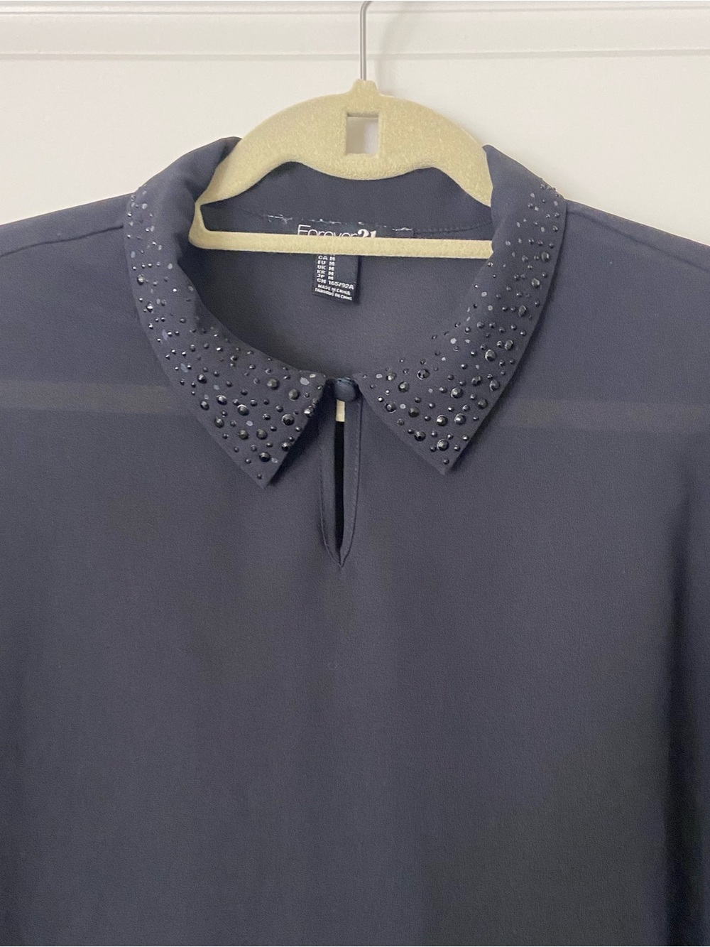 Forever 21 Embellished Collar Navy Blue Sheer Long Sleeve Blouse